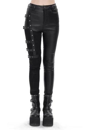 Women's black multi-buckle gothic pants front view on model, slim-fit splice design with metal buckle straps on left thigh