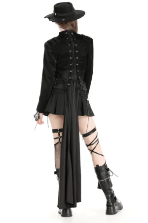 Black gothic cape with lace-up back detail - rear view showing braided lace closure