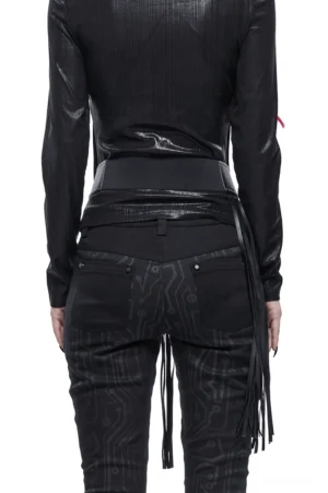 Black gothic corset belt rear view on model showcasing elastic back panel and hanging tassel details from behind