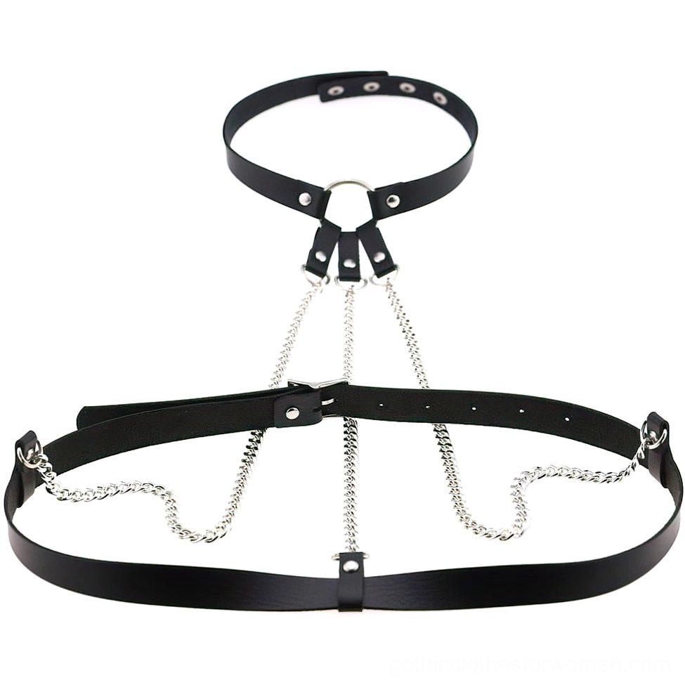 Women's leather body harness with silver chains gothic alternative fashion accessory