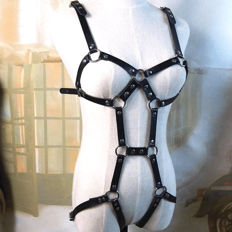 Women's leather harness restraint set complete with wrist cuffs and hardware
