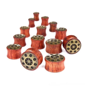 Close-up detail of bronze metal end caps featuring star and circular hole patterns on wooden ear tunnel gauges, vintage gothic aesthetic