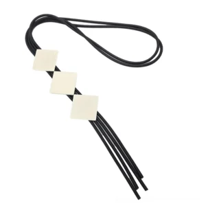 Elastic rubber long wooden necklace flat lay top-down shot showing three square wooden charms with black tassel design on white background