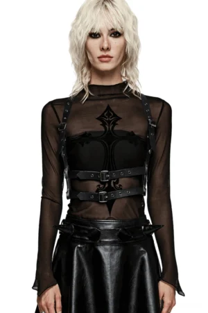 Y-shape PU leather body harness front view on model - black adjustable gothic punk shoulder harness with dual waist belts