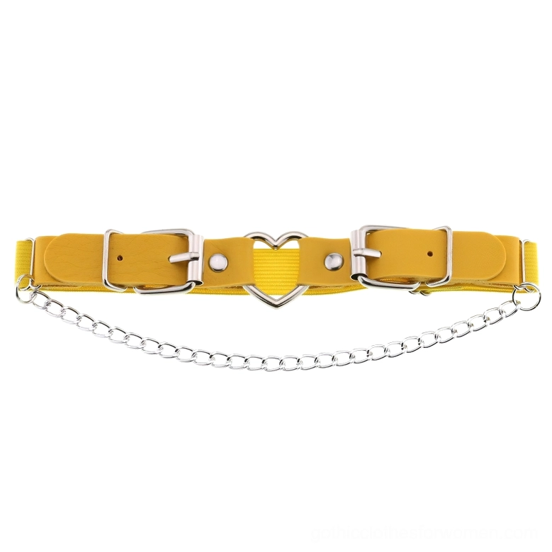 Yellow bright garter belt with heart-shaped metal buckle and decorative chain accent, alternative fashion