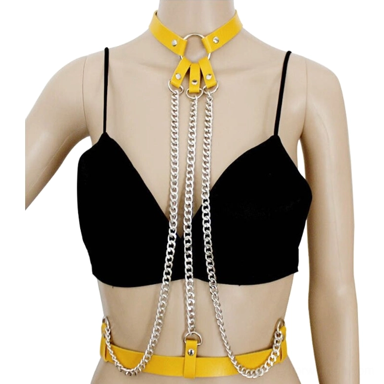 Sunshine yellow leather body harness with metal chains alternative fashion