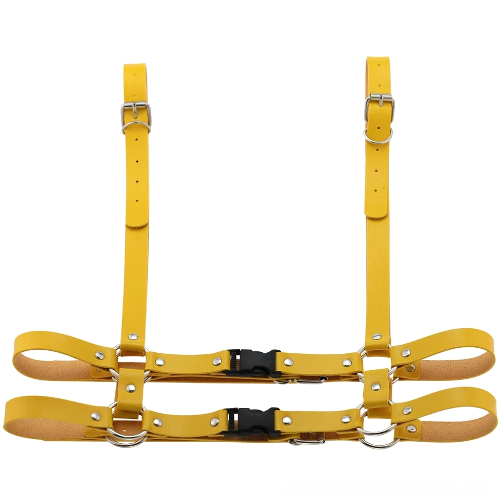 Yellow leather body harness front flat lay display featuring dual waist straps and adjustable shoulder configuration