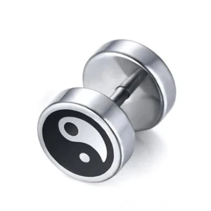 Black and white yin yang tai chi stud earrings overhead view polished stainless steel gothic minimalist jewelry