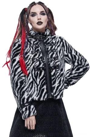 Women's zebra stripe gothic faux fur jacket with stand collar and front zipper, worn by model with braids in front full-body view