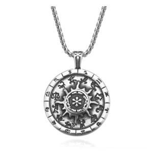 Embossed zodiac constellation amulet pendant in vintage silver stainless steel, front view showing all twelve zodiac signs