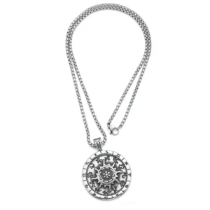 Complete zodiac gothic amulet necklace set with wheat link chain, overhead shot on white background